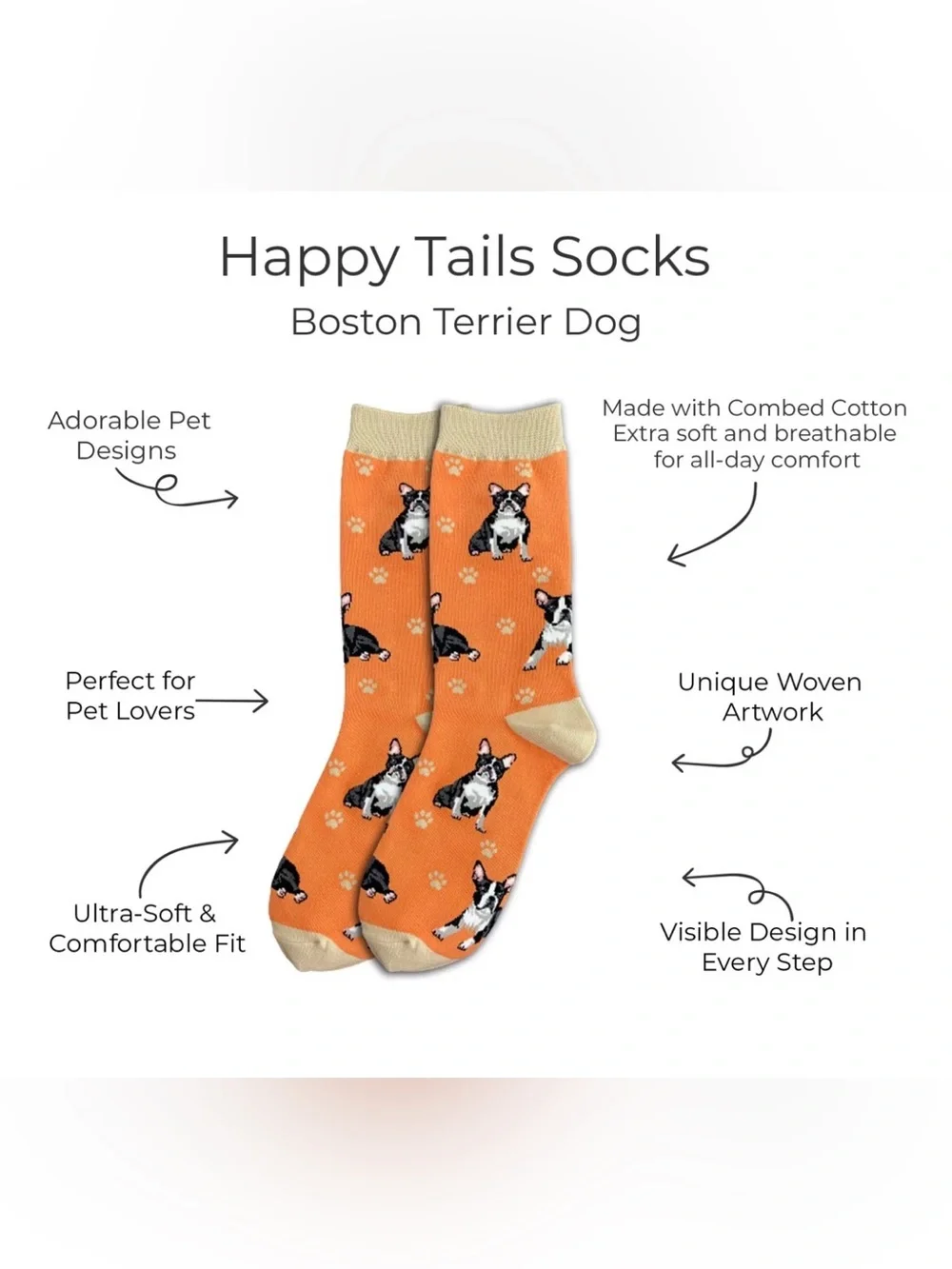 Boston Terrier Happy Tails Socks by E&S Pets NWT